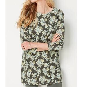 J. Jill Floral Luxe Supima 3/4 Sleeve Tunic Womens Medium Green Boat Neck Top